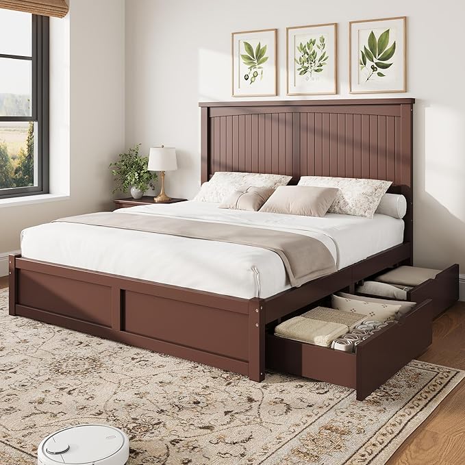 AMERLIFE Queen Size Solid Wood Bed Frame with 50" Tall Headboard, Mid-Century Modern Bed with Storage, Wooden Platform Bed Frame with 2 Drawers, No Box Spring Needed, Espresso
