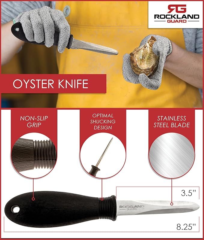 Rockland Guard Oyster Shucking Knife 4-Pack - 3.5” Heavy Duty 420 Stainless Steel Shucker Set for Clams & Shellfish - Non-Slip Ergonomic Handle Seafood Tools, Set of 4