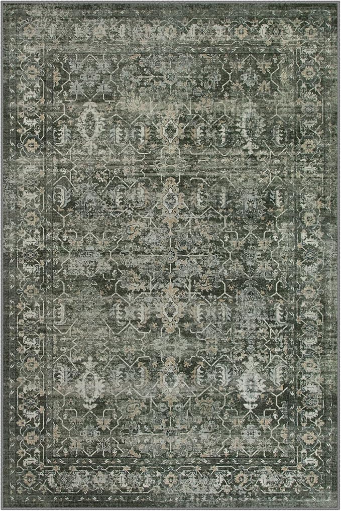 Lahome 6x9 Boho Green Area Rugs Washable Rugs for Living Room,Large Rugs for Bedroom Aesthetic,Distressed Non Slip Low Pile Dining Room Rug Carpet for Home Office Playroom(6'x9',Green)