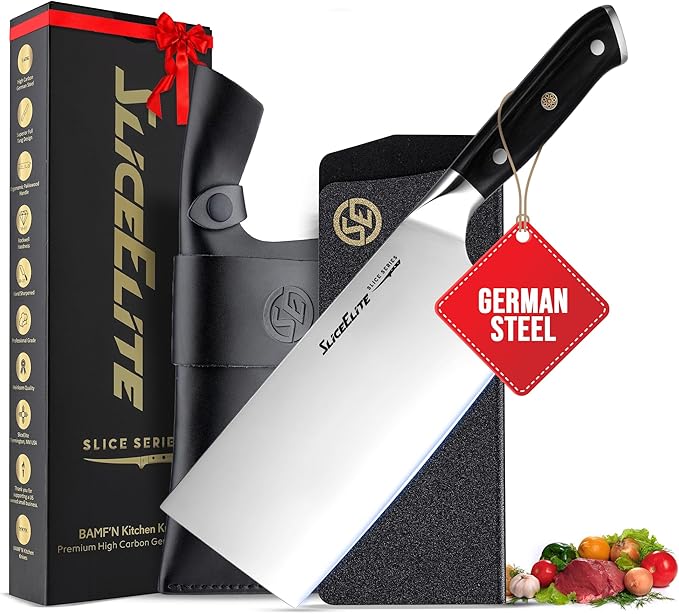 SliceElite Slice Series 7 Inch Cleaver Knife, Pakkawood, Leather Sheath