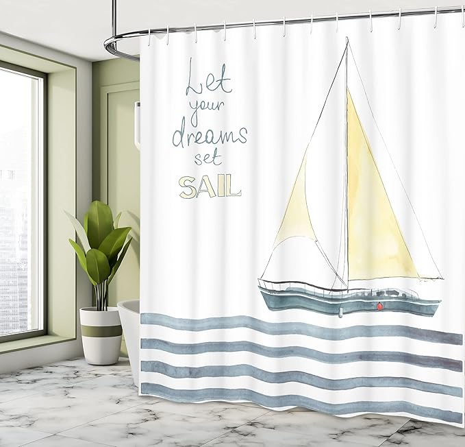 Ambesonne Nautical Shower Curtain, Let Your Dreams Set Sail Words Stripes Yacht Interior Navigation Theme, Cloth Fabric Bathroom Decor Set with Hooks, 69" W x 70" L, Pale Blue White