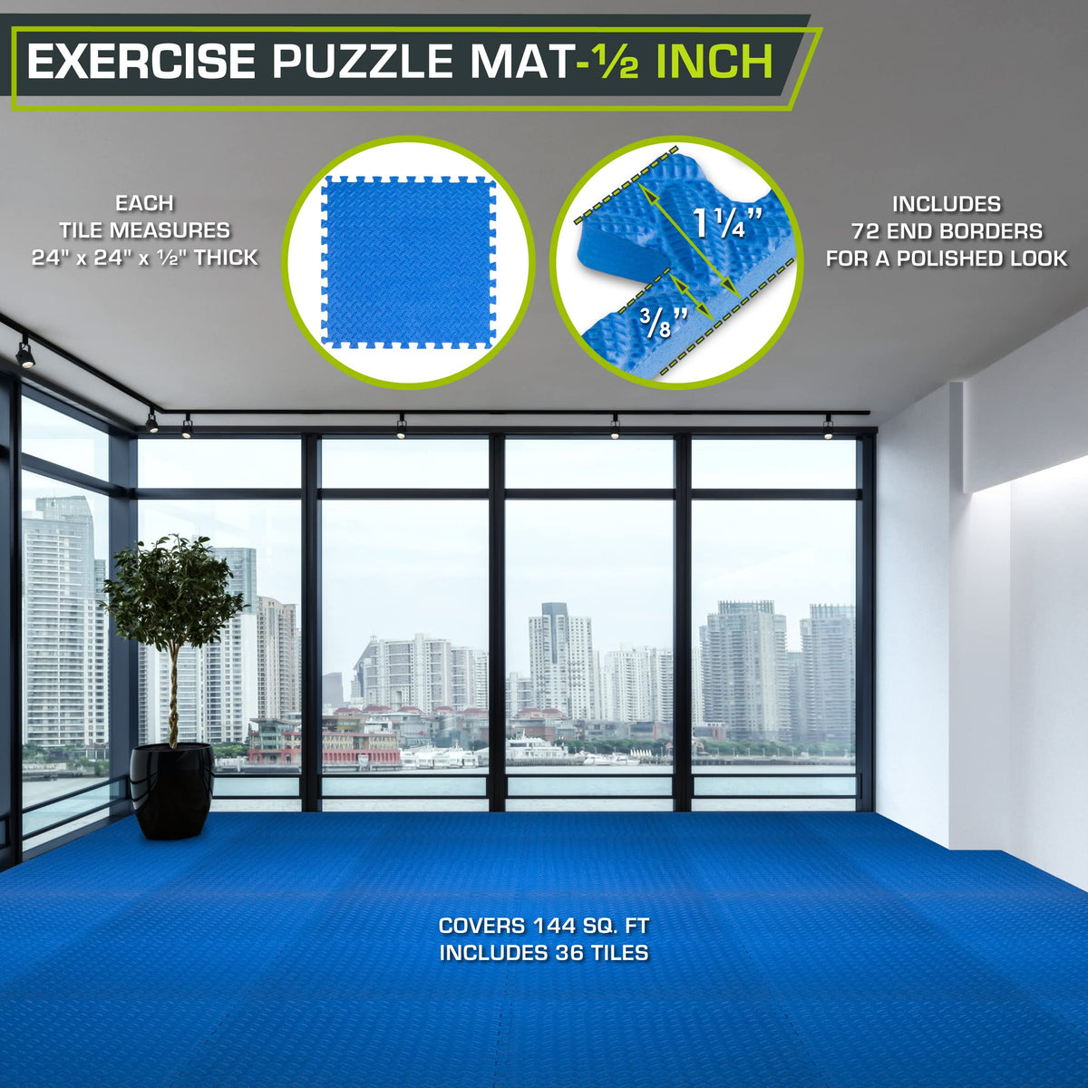 ProsourceFit Exercise Puzzle Mat ½-inch, EVA Interlocking Foam Floor Tiles for Home Gym, Workout Equipment, Kids Play Areas, Blue, 144 SQ FT - 36 Tiles
