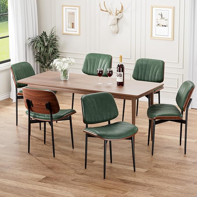 Dining Chairs Set of 2, Mid-Century Modern Upholstered PU Leather Chairs with Walnut Bentwood Back and Metal Legs Adjustable Feet for Kitchen Dining Room, Dark Green Shell Strips