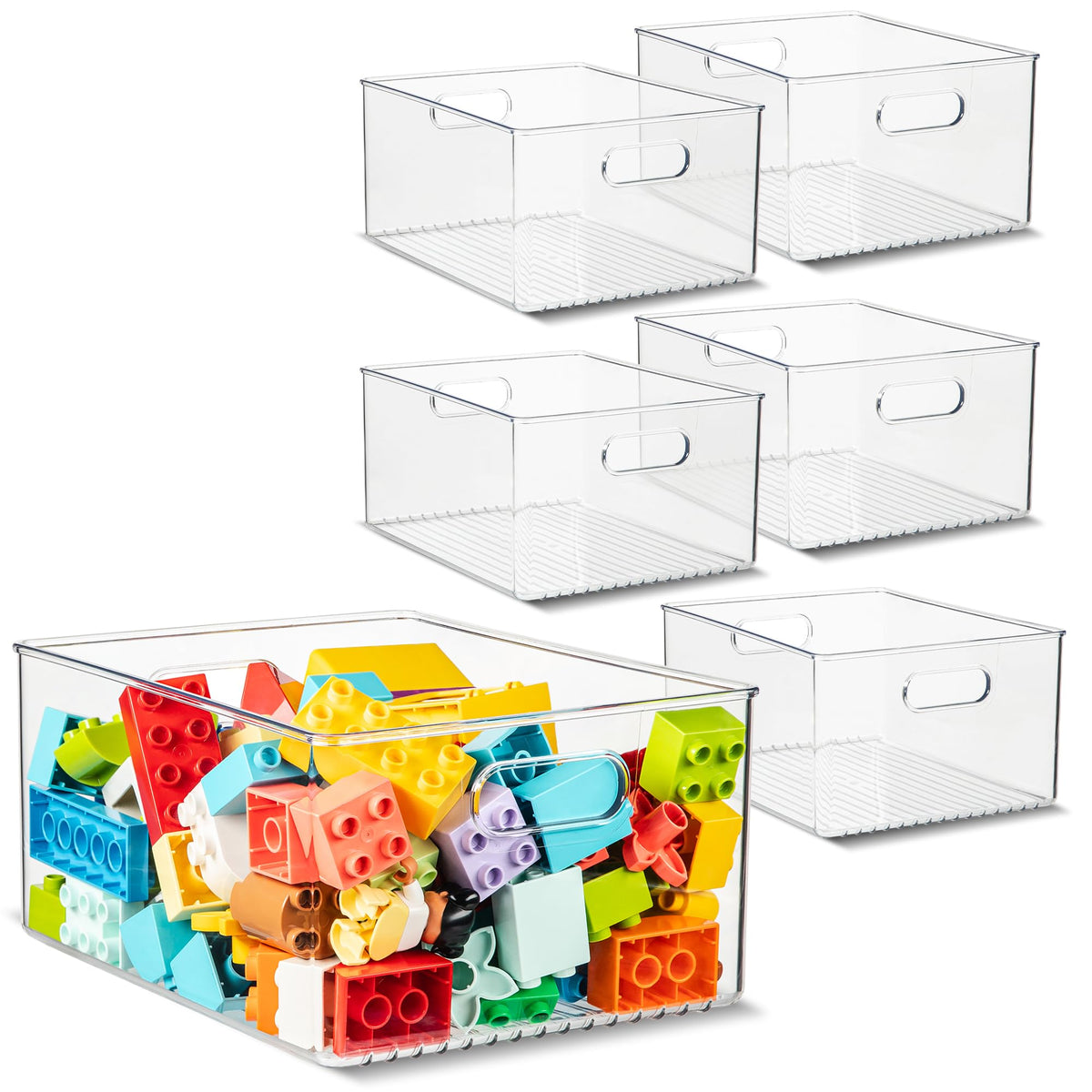 Plastic Food Storage 2 Pack Clear Container Bin with Handles for Organizing Kitchen, Pantry, Refrigerator, Freezer, Pantry, Cabinet, Closet, Bathroom. 16”x8”x5”