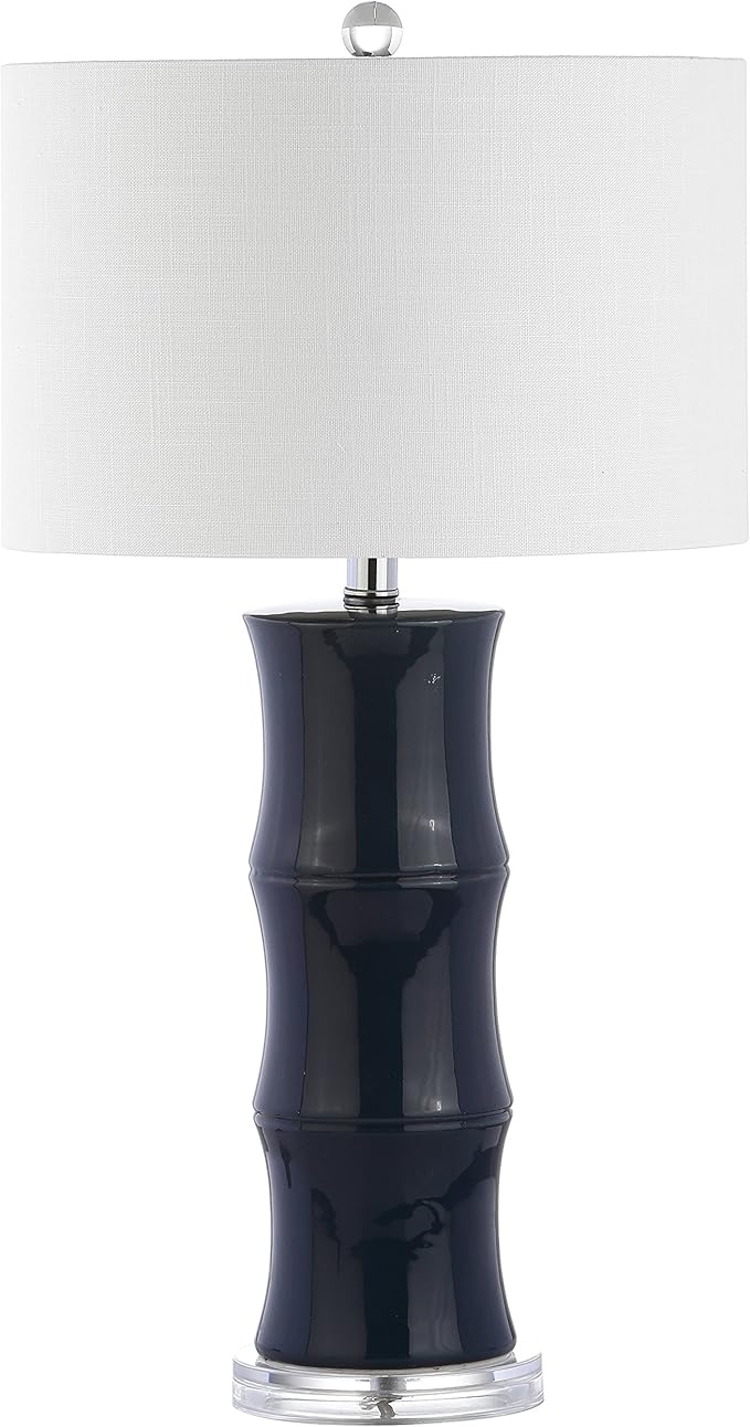 JONATHAN Y 26.5" Navy Blue Ceramic Table Lamp for Living Room, Bedroom Nightstand, White Linen Drum Shade, Bamboo Design Modern Bedside Desk Lamp with LED Bulb Included JYL3015A