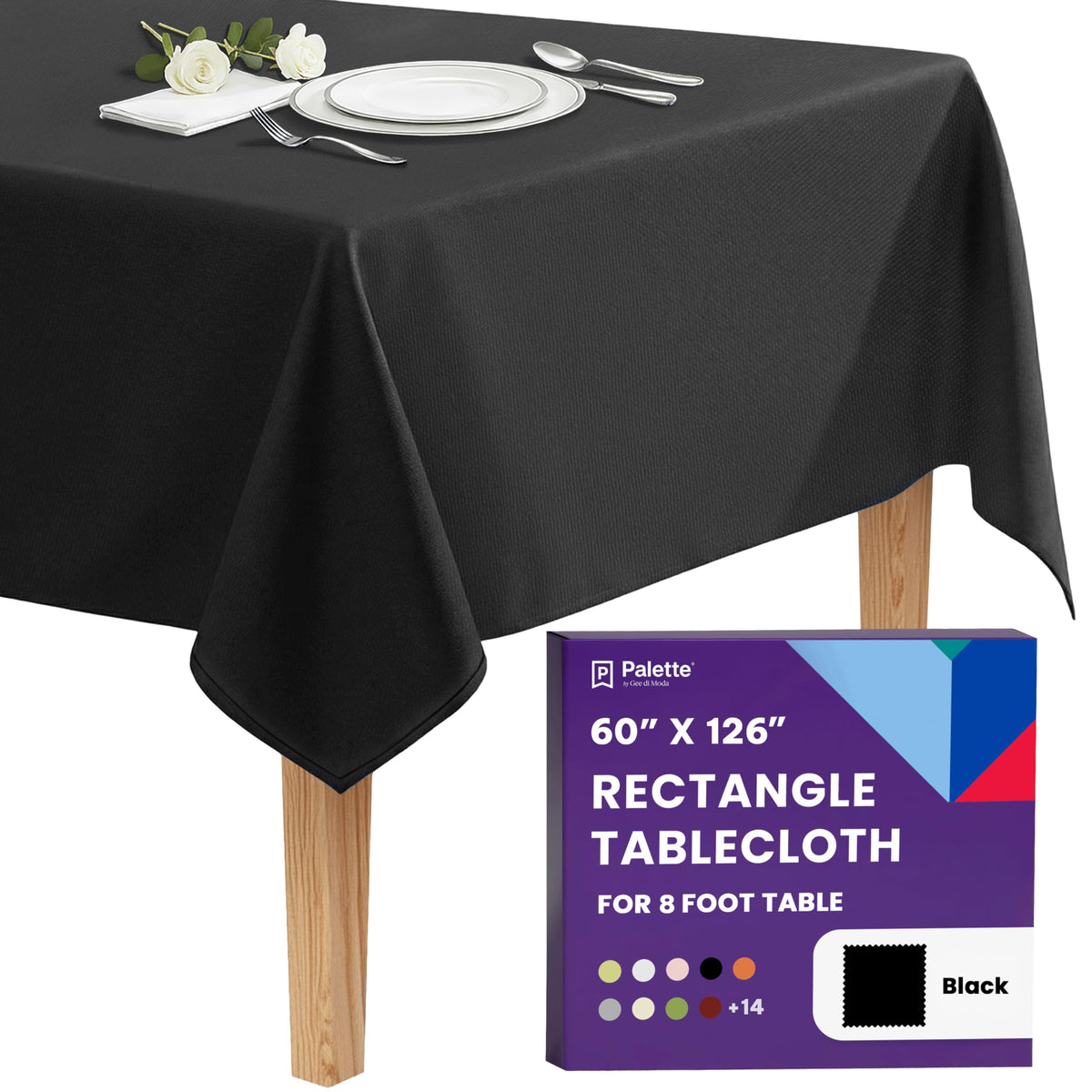 Gee Di Moda Rectangle Tablecloth - 60 x 126 Inch Black Table Cloth for 8 Foot Rectangle Tables - Heavy Duty Washable Fabric - for Holiday Party, Dinner, Weddings, Baby Shower & Events