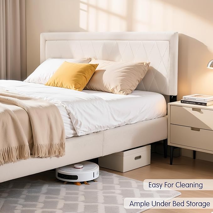 Hokway Bed Frame Upholstered Platform Bed with Headboard Wooden Slat Support No Box Spring Needed(Full, Soft Beige)