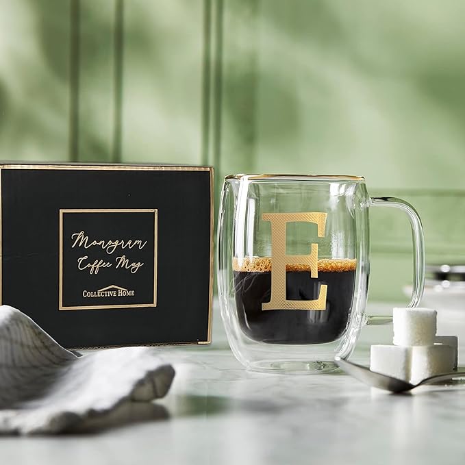 COLLECTIVE HOME - Double Walled Glass Coffee Mugs, Insulated Coffee Mug with Handle, Personalized Gifts for Women, Men, Christmas, 14 oz Monogram Cups (E)