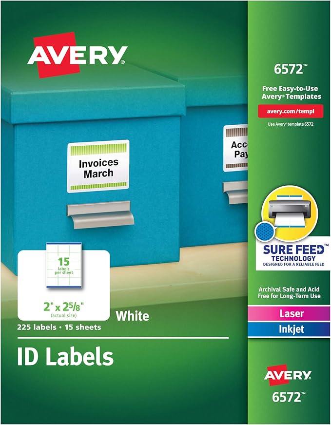Avery ID Labels, Sure Feed Technology, Permanent Adhesive, 2" x 2-5/8", 225 Labels (6572)
