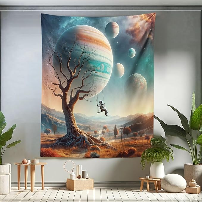 Ambesonne Space Tapestry Twin Size, Scene of a Lonely Astronaut on a Swing in an Unknown Galaxy Among Planets and Trees, Wall Hanging Bedspread Bed Cover Wall Decor, 68" X 88", Teal Ginger