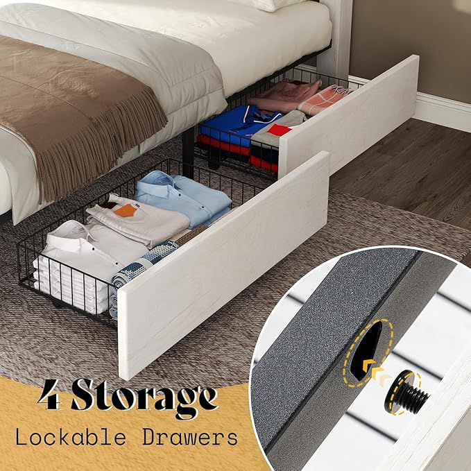 AMERLIFE Full Size Farmhouse Bed Frame with 4 Drawers, Wooden Storage Bed Frame with Headboard and Heavy Duty Metal Slats, Noisy Free, Easy Assemble, White/Barnwood