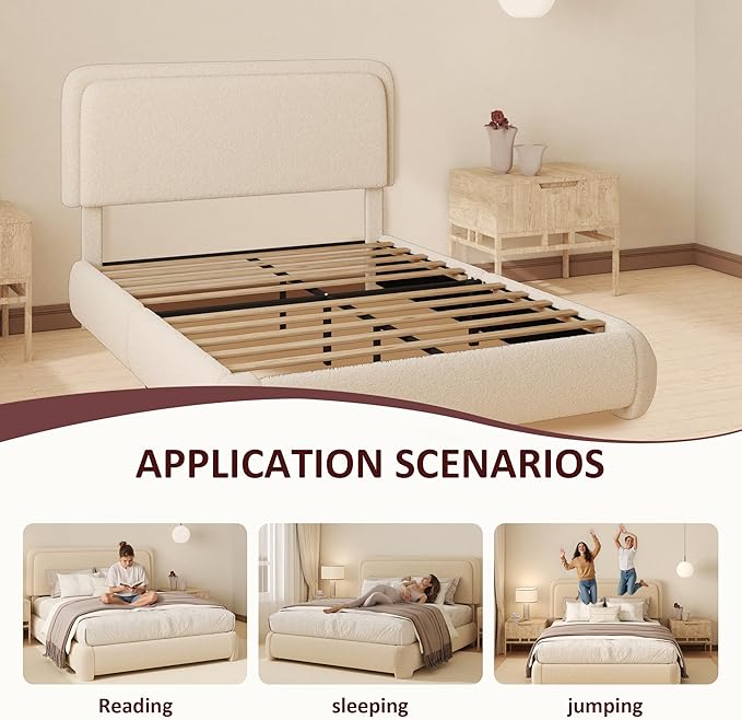 Full Boucle Platform Bed Frame with Height Adjustable Headboard, Modern Upholstered Cloud Bed, Sleek Curved Design, No Box Spring Needed, Easy Assembly, Noise Free, Beige