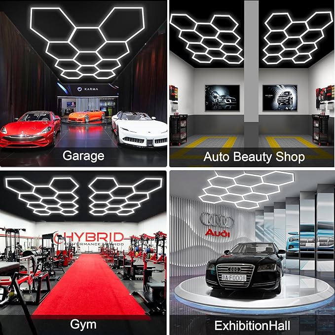 MODERN Hexagon Garage Light: Higher Brightness 38880 Lumens Honeycomb Garage Light, 8 Grid Systems 6500K, Hexagon Garage Grid Lighting for Garage, Gym, Car Detailing Shop etc.