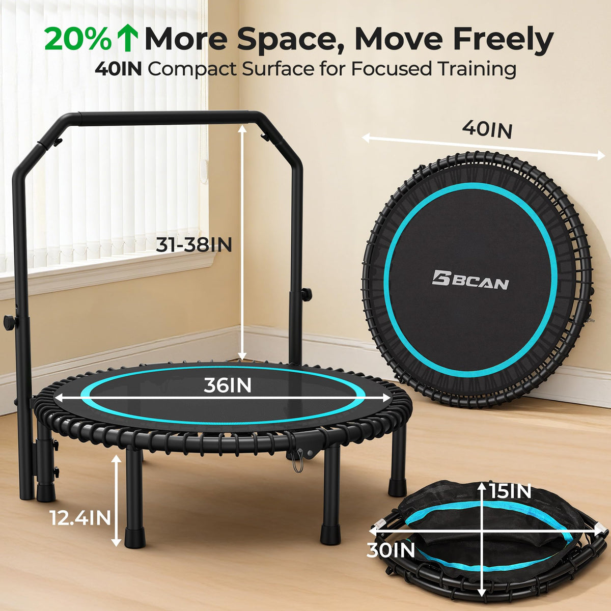BCAN BT2 450/550LBS Mini Rebounder Trampoline for Adults with Bar, Fitness Trampoline with Bungees, Adjustable Handle, Stable & Quiet, Indoor Outdoor, Whole-Body Workout & Relaxation at Home-40IN-BLU