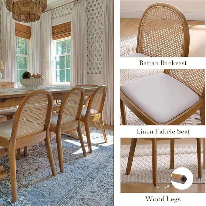 HEAH-YO Rattan Dining Chairs Set of 2, Upholstered Linen Dining Room Chairs with Backrests, Modern Kitchen Chairs with Wood Legs for Dining Room, Beige