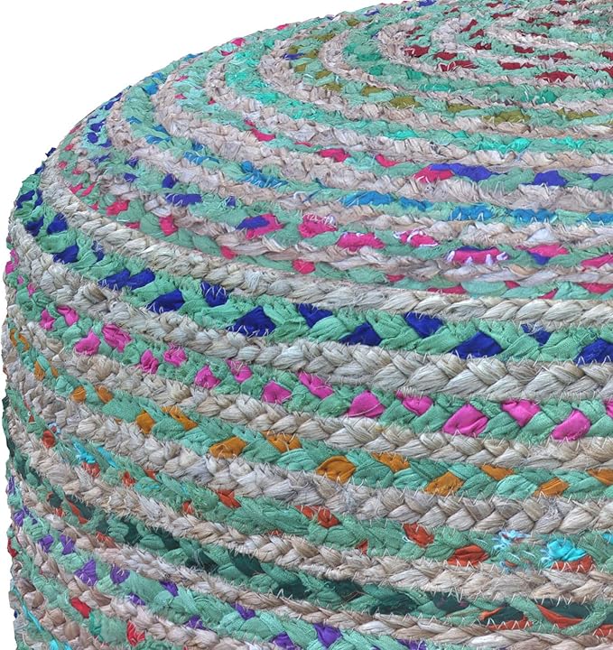 SIMPLIHOME Margo Round Pouf - 20 inch Wide Handwoven Jute and Cotton Braided Ottoman in Green, Boho-Style Footstool or Extra Seating for Living Room or Bedroom with Polystyrene Bead Filling, Assembled