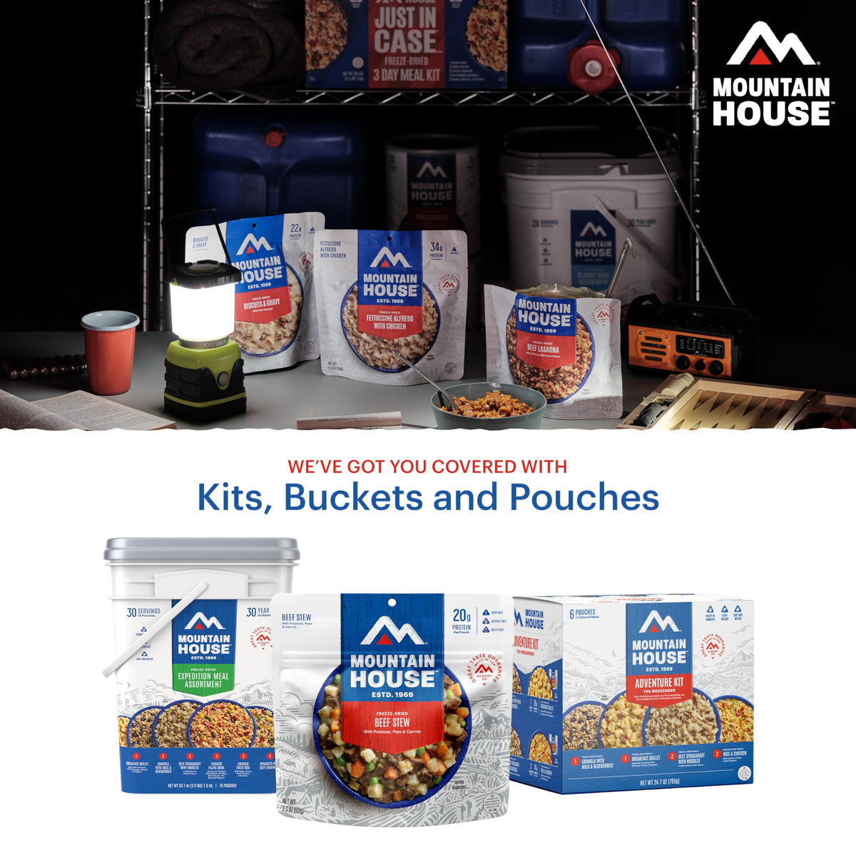 Mountain House Classic Meal Assortment Bucket Freeze Dried Backpacking & Camping Food 24 Servings