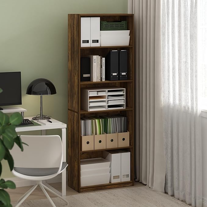 Furinno GEHRY Book Shelf, 5-Tier Bookshelf, Bookcase with Adjustable Shelves, 11.6 x 24.8 x 71.4, for Living Room, Bedroom, Home Office, Amber Pine