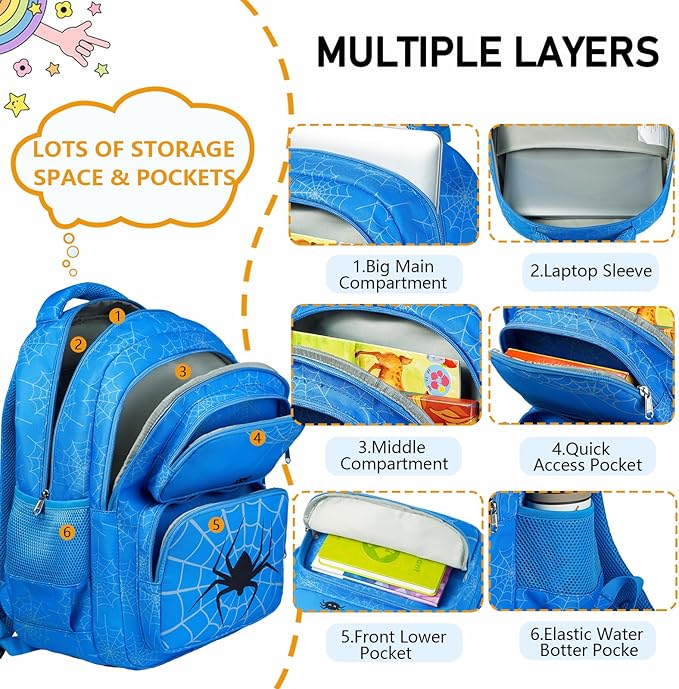 Kids Backpack Boys Spider Backpack with Lunch Box Kindergarten Elementary Middle School Toddler Bookbag for Boys Ages 4-14, Spider-Blue