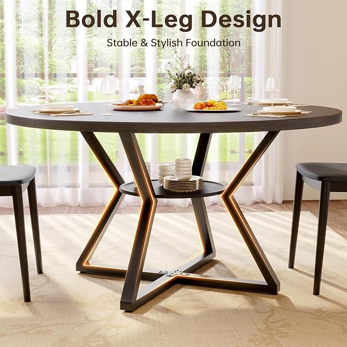 Concho 47" Round Kitchen Dining Room Table for 4-6 Circle Dining Dinner Table with Pedestal Metal Frame,Space Saving Wood Kitchen & Dining Room Furniture, Deep Grey