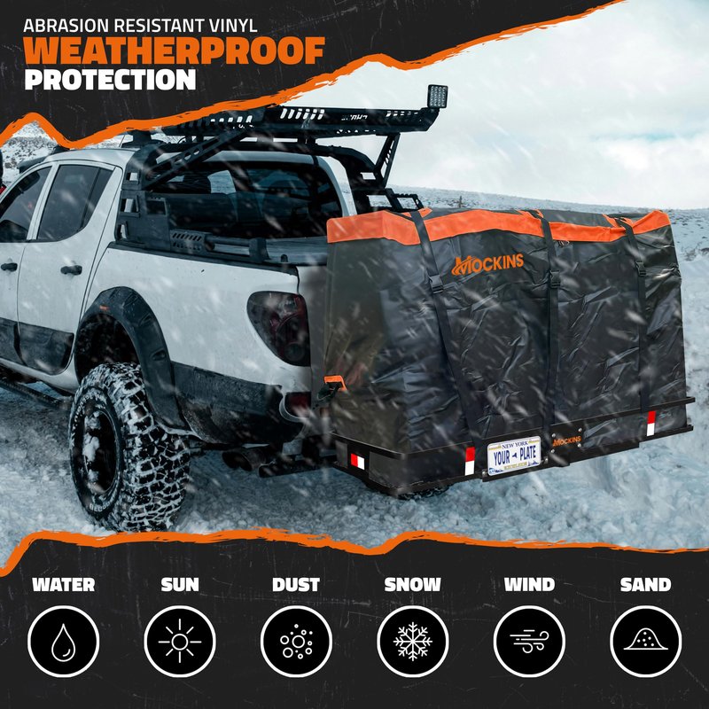 Mockins 60"x24"x6" Heavy Duty Trailer Hitch Cargo Carrier with 30 Cu Ft Waterproof Cargo Bag for Hitch Carrier & 6 Packing Cubes | 500 Lbs. Capacity Folding Luggage Rack for SUV, Car, Truck, & RV
