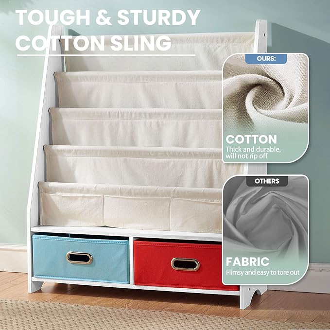 SEIRIONE Sturdy Kids Bookshelf, Children Display Rack, 4 Sling and 2 Storage Boxes for Toys Organizer, White/Wood Texture