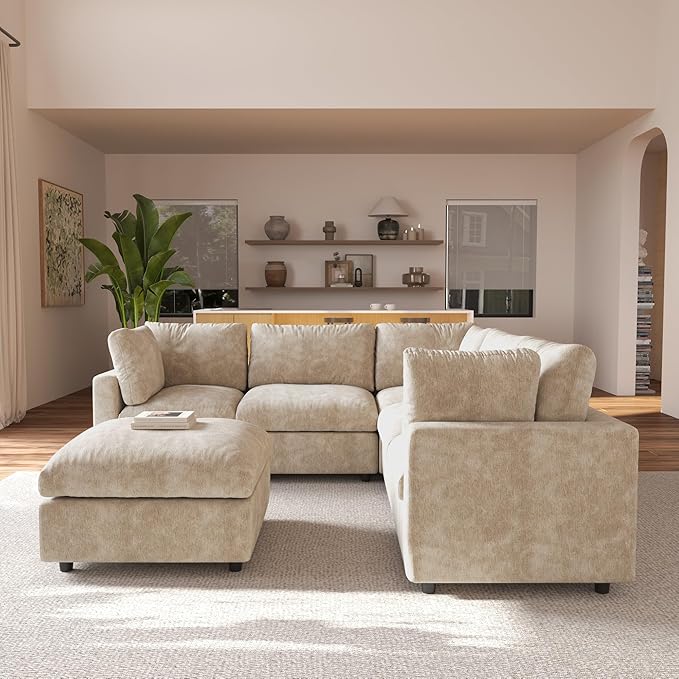 JACH V Shape Sectional Couches with Chaise Ottoman, Convertible Modular Sofa, Cloud Sectional Couch, Sofa Covers Washable, Minimalist Couch for Living Room, Apartment, Khaki