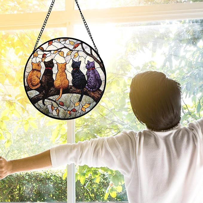 Stained Glass Window Hanging - 5 Cats on a Branch Suncatcher for Window Doors Home Decoration and Christmas, Mother's Day Father's Day Birthday Gifts for Women, Men, and Mom 9.8x9.8 in