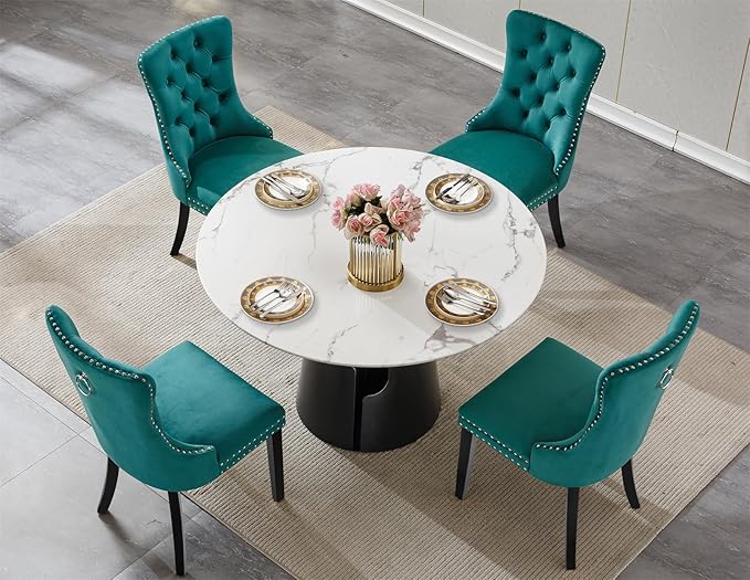 5-Piece Faux Marble Round Dining Table Set for 4, Modern Luxury Kitchen Table Set for 4 with Green Tufted Chairs,Circle Dining Tables with White Marble Grain Top and Black Pedestal Base