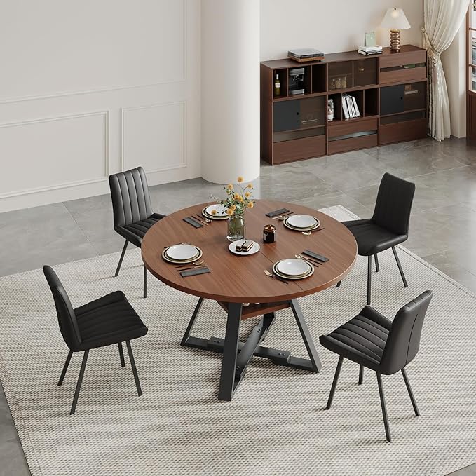 Walnut Round Dining Table Set for 4, Mid-Century Modern Kitchen Table and Chairs, Small Space Dining Room Furniture for Apartment, Breakfast Nook or Studio (Boxwood-Storage Table+4 Black Chairs)