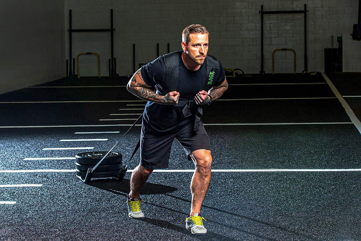 Rage Fitness R2 Weight Training Pull Sled with Harness. 90 LBS Capacity & 6.5 Feet Strap. Power Speed Sled Ideal for Endurance and Weight Training. Compatible with Bumper Plates (Black)