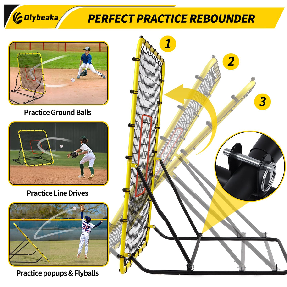48" x 52" Baseball & Softball Rebounder Net with 3 Adjustable Angles - Pitch Back Rebound - Bounce Back Return Net - Fielding Trainer with Carry Bag - Super Stable & Easy Set Up (Yellow, Small)