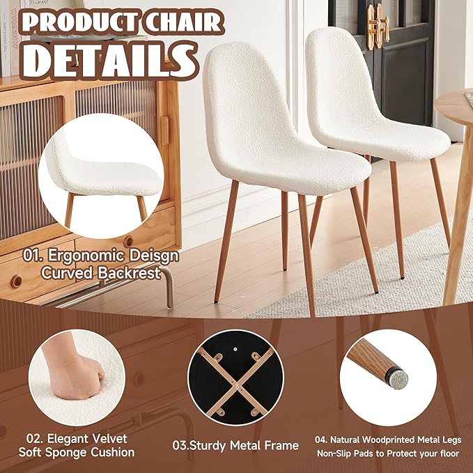 Small Oak Round Dining Table Set for 4, Modern 35'' Kitchen Coffee Table with 4 White Teddy Velvet Dining Chairs for Dining Room Apartment