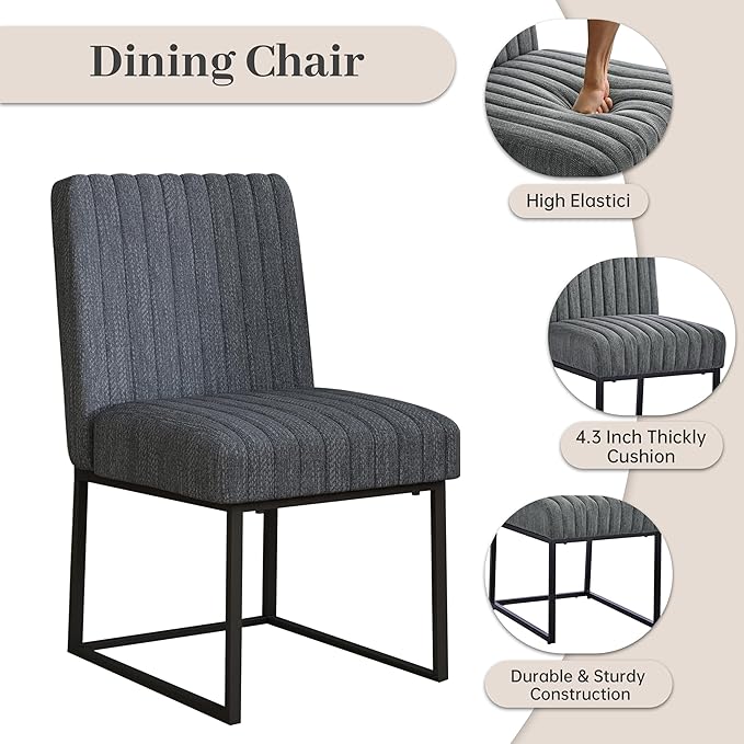VKNOW Upholstered Dining Chairs, Modern Dining Room Chairs with Stripe, Linen Kitchen Chair Dinner Chair with Black Metal Base for Kitchen Office, Dark Grey