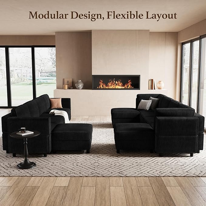 114.2" Modular Sectional Sofa with Deep Storage Seat,Corduroy 7 Seat U Shaped Sofa Couch,Modular Sofa Couch with Movable Ottoman Chaise,Upholstered Sectional Couches for Living Room,Black