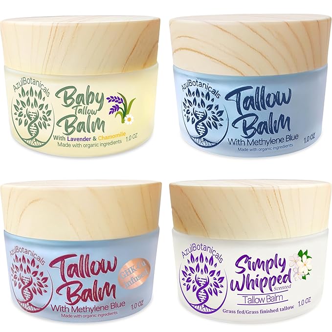 Sample 4 pack 1 oz (30g) each sample, Methylene Blue Whipped, GHK-Cu Copper and Methylene Blue Infused, Lavender Baby Tallow Balm, Simply Whipped Jasmine Tallow Balm Variety (Pack of 4)