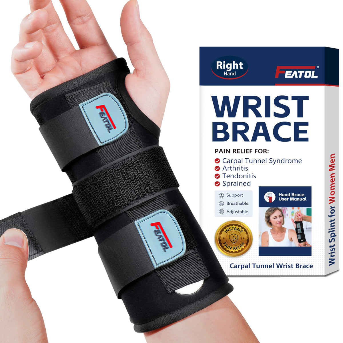 FEATOL Wrist Brace Hand Brace, Carpal Tunnel Wrist Splint Night Support for Women Men, Pain Relief Support -Tendonitis, Arthritis, Sprain, Right Hand, Small/Medium