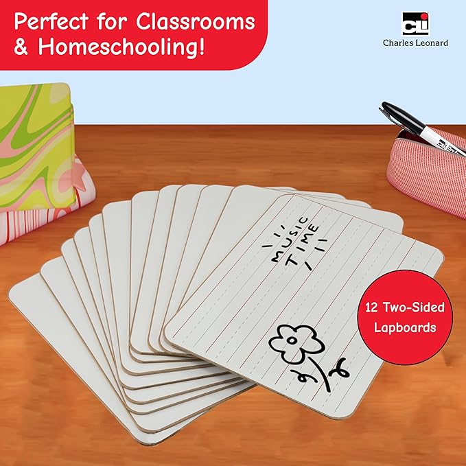 Charles Leonard Dry Erase Board Classroom Pack - Mini Lapboard School Supplies – Set of 12 Two-Sided Plain/Lined Dry Erasable White Boards, 9x12 Inches (35120)