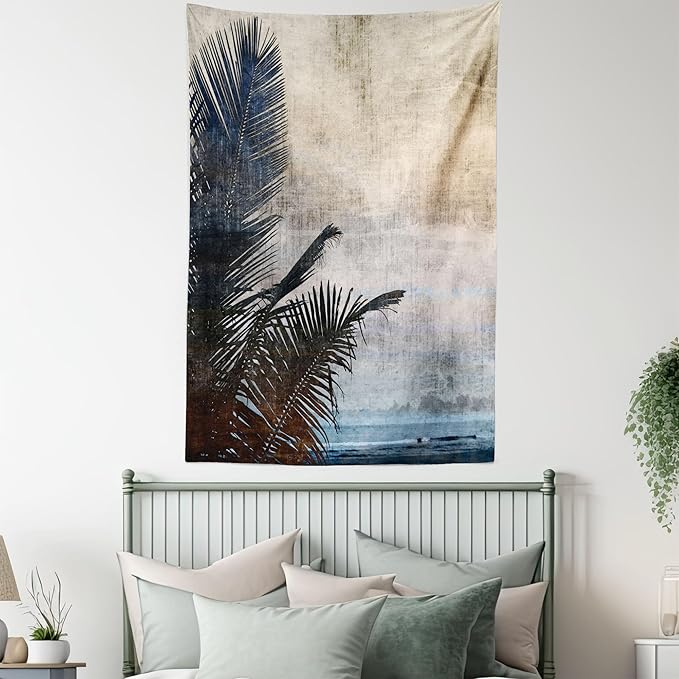 Ambesonne Hawaiian Tapestry Twin Size, Palm Tree Leaves on Grunge Background with Sea Vintage Waterscape Illustration, Wall Hanging Bedspread Bed Cover Wall Decor, 68" X 88", Beige Indigo