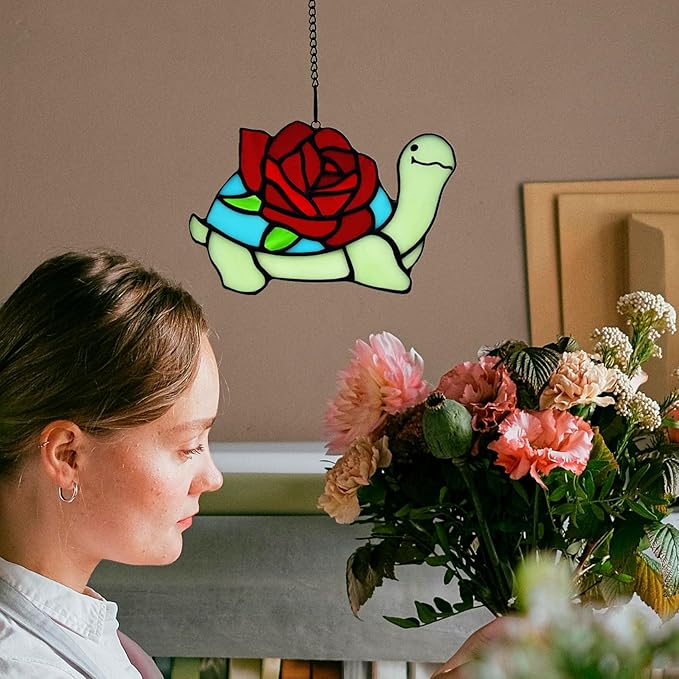 Stained Glass Turtle with Rose Birthday Gifts for Women, Stained Glass Window Hanging Suncatcher Ornament, Housewarming Window Decor Gifts for Mom, Turtle Lovers