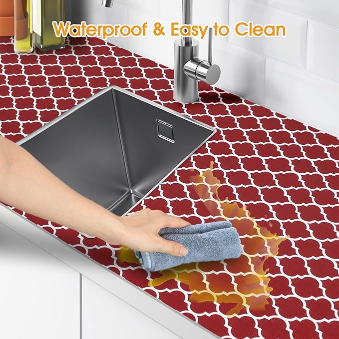 Shelf and Drawer Liner for Kitchen Cabinets Non-Adhesive, Strong Grip Non-Slip Thickened Cabinet Liners for Shelves, Waterproof Mats for Dresser Cupboard, Red/White, 12 in x 20 Feet