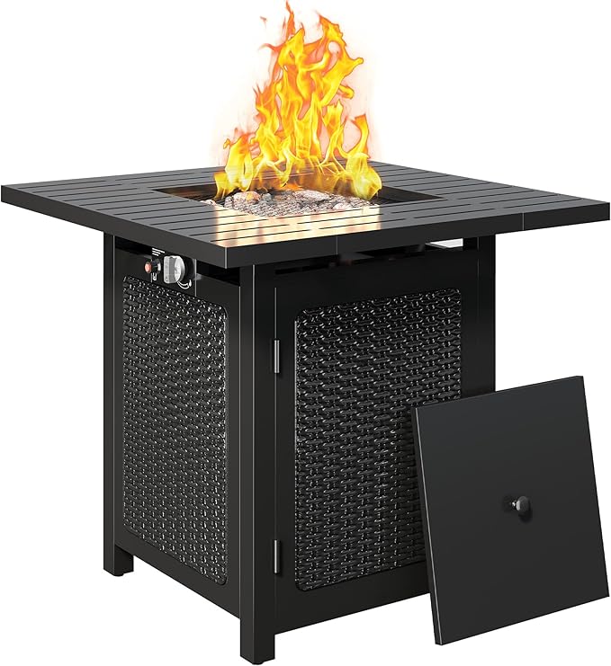FansaFurn Black Propane Fire Pit Table, 50000 BTU Gas Fire Pits Table with Removable Lid and Lava Rock, Square Fire Table with Cover, 30'', Ideal for Dining or Party on Patio, Garden, Yard