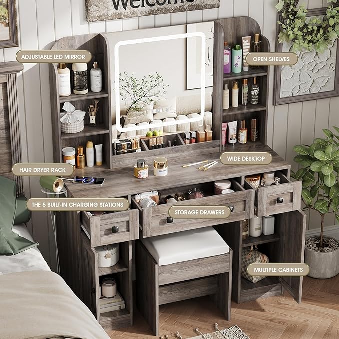 Vabches Makeup Vanity Desk, Vanity Mirror with Lights Desk and Chair,Makeup Table with 3 Large Drawers and 2 Cabinets, Time and Temperature Display, 3 LED Lighting Modes Adjustable, Grey
