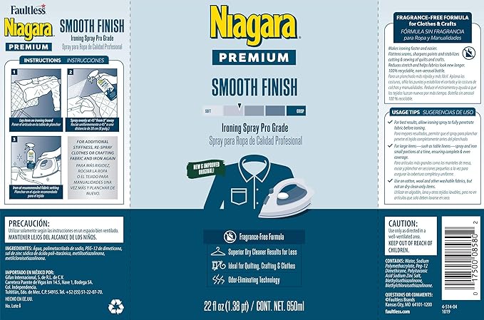 Niagara Spray Starch (22 Oz, 2 Pack) Trigger Pump Liquid Starch for Ironing, Non-Aerosol Spray on Starch, Reduces Ironing Time, No Flaking, Sticking or Clogging, Biodegradable Ingredients, Recyclable