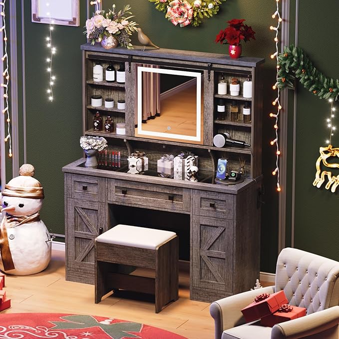 Farmhouse Makeup Vanity Desk with Sliding Mirror and Lights, 47'' Glass Tabletop Vanity Table with Charging Station, Large Vanity Set with Drawers, Stool, Barn Door Dressing Cabinets, Gray