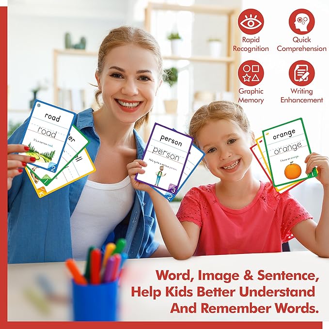300 Sight Words Flashcards, 150PCS Double-Sided Erasable Reusable Cards Dolch & Fry Word Lists Montessori Toy for Kindergarten Preschool Toddlers 3 4 5 Years Old (5 Plastic Rings Attached)