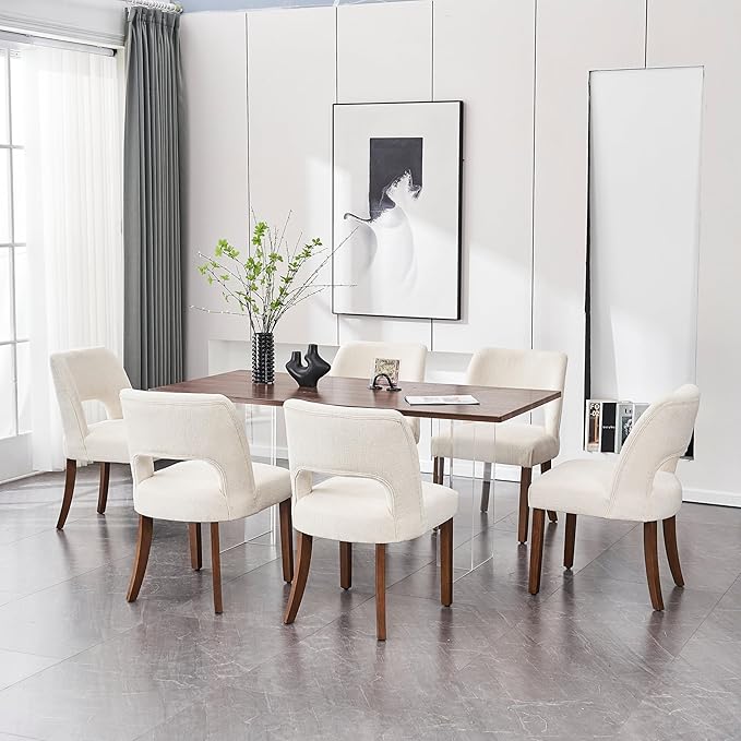 VKNOW Wooden Dining Chairs Set of 6, Modern Fabric Upholstered Dining Room Chair Kitchen Chairs, Farmhouse Dinner Chair for Kitchen Dining Room, Cream