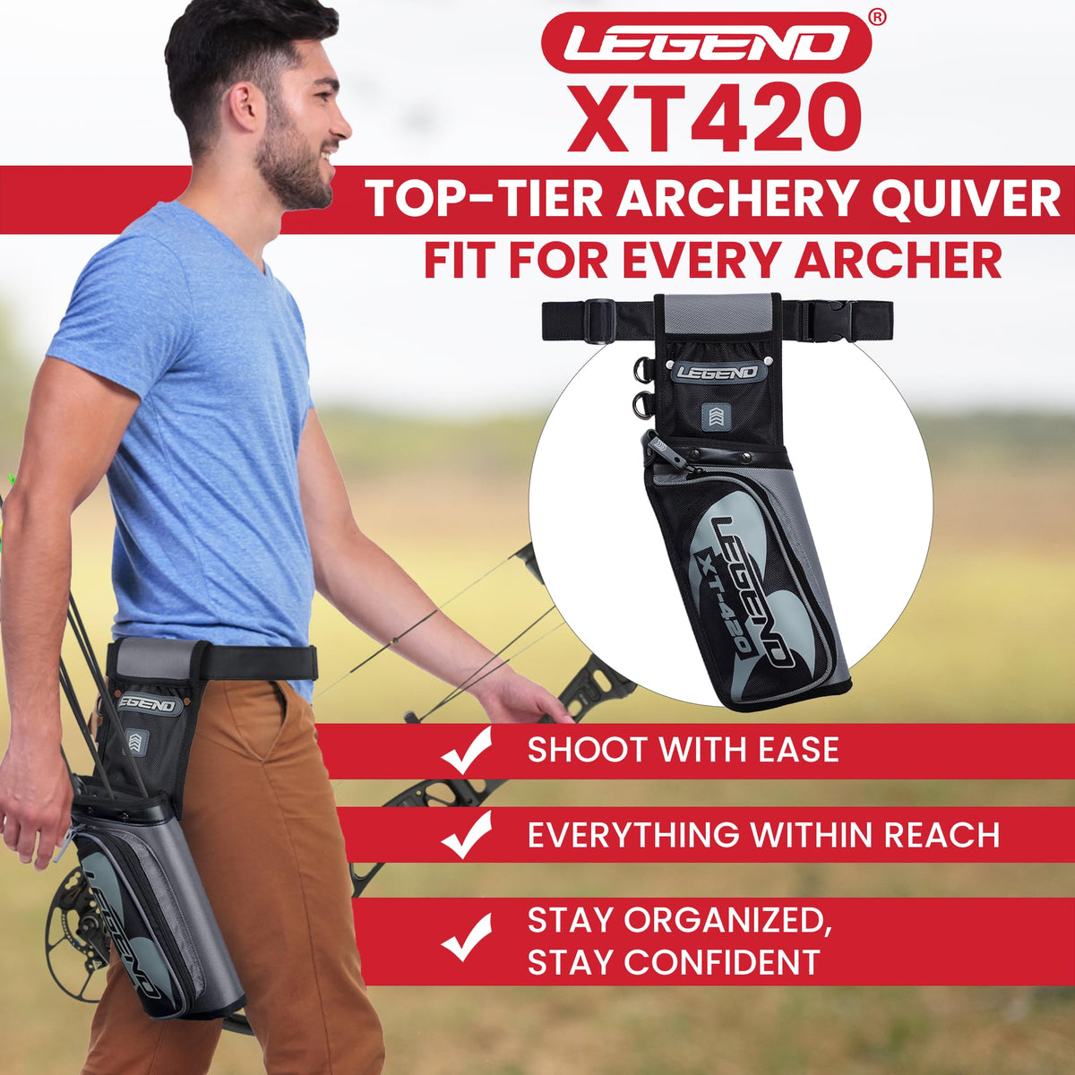 Legend XT420 Arrow Quiver - Quiver Arrow Holder, Archery Quiver with 3 Arrow Tube, Durable Nylon Hip Quivers with Multiple Pockets for Archery Accessories, Score Card & Tools - Right Handed, Grey