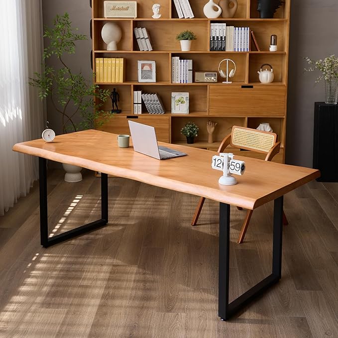 Stylish Solid Wood Office Desk with Sturdy Metal Base - Durable Multi-Size Executive Computer & Dining Table - Perfect for Home Office & Work Environments (Brown, 70.87in)