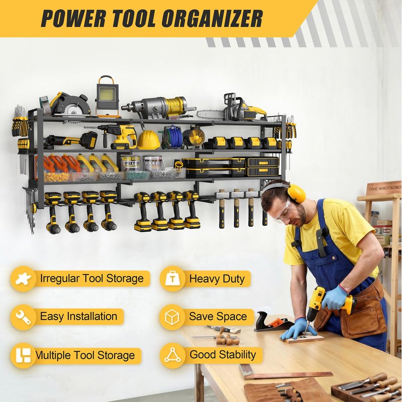 Jusgym Large 49''W Power Tool Organizer Wall Mount |650lbs Tool Garage Storage Rack with 12 Cordless Drill Holder |4-Tier Heavy Duty Garage Organization |Gifts for Men